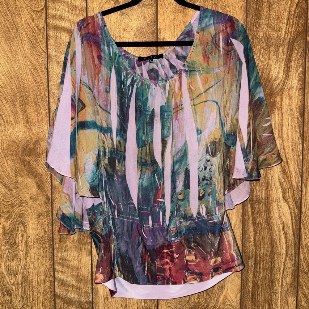B.L.E.U. Women Multi Color Abstract Rhinestone Flutter Sleeve Chiffon Blouse L